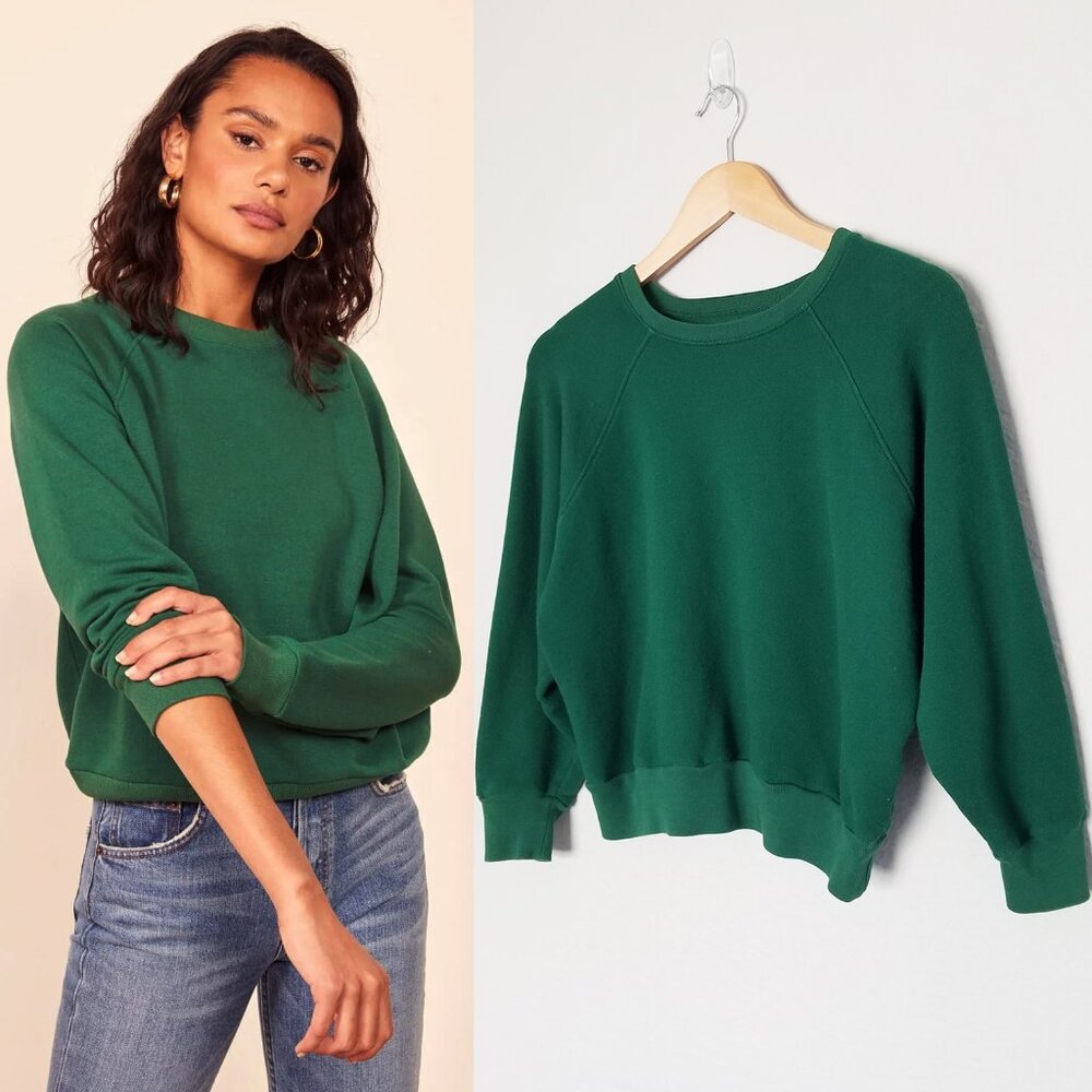 REFORMATION Hunter Rio Crew Neck Shrunken Cropped Sweatshirt XS Pine Green
